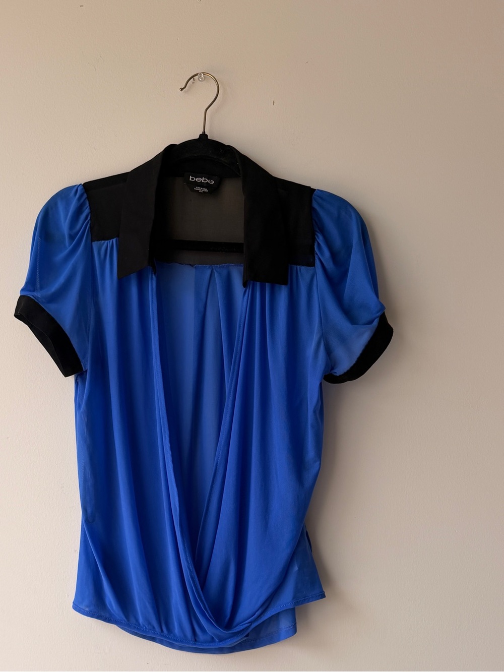 bebe Royal Blue Short-Sleeve Wrap Front Top with Black Trim